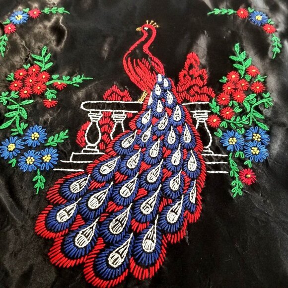 Peacock Satin Throw Pillow Cover Hand Embroidered 16X17 Black Red - Picture 11 of 11